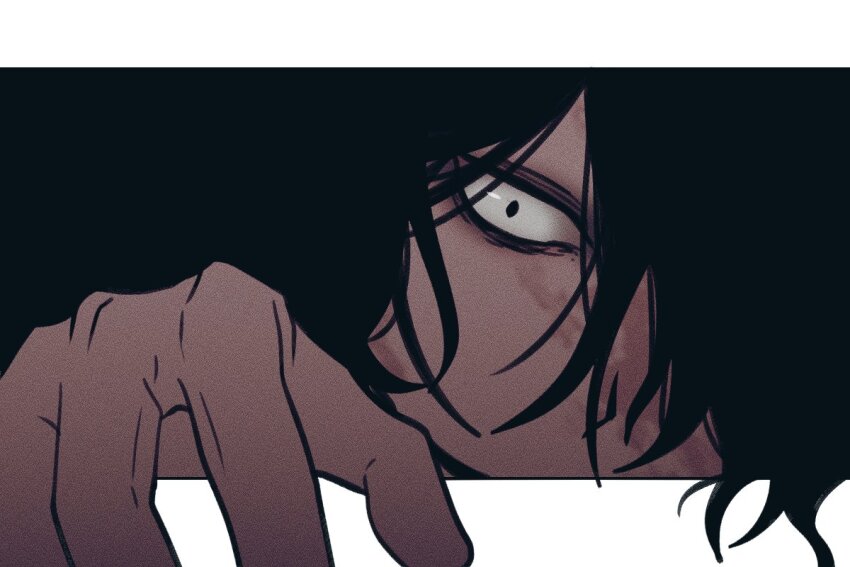 1boy black_eyes black_hair commentary_request fa_mayo hair_over_one_eye homicipher korean_commentary looking_at_viewer male_focus mr._gap solo