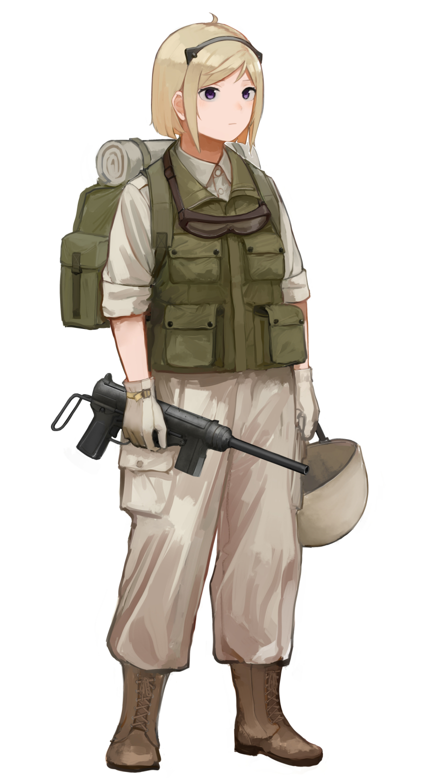 1girl animal_ears backpack bag blonde_hair bob_cut boots brown_boots brown_pants brown_shirt closed_mouth collared_shirt combat_boots commentary cowlick english_commentary fake_animal_ears full_body girls&#039;_frontline gloves goggles goggles_around_neck green_vest gun helmet highres holding holding_gun holding_helmet holding_weapon leather leather_gloves load_bearing_equipment looking_afar m3_(girls&#039;_frontline) m3_submachine_gun pants pocket purple_eyes rampart1028 shirt short_hair sidelocks simple_background sleeves_rolled_up solo submachine_gun vest weapon white_background