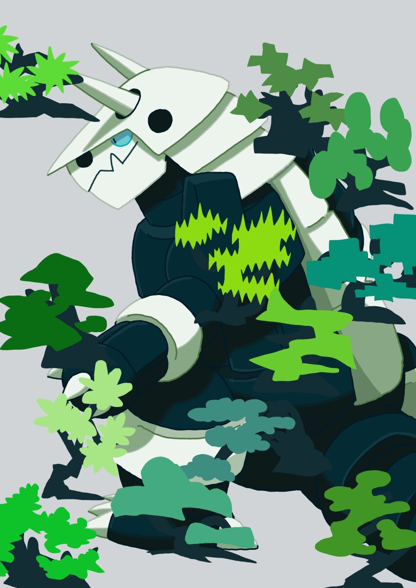 absurdres aggron blue_eyes bush claws closed_mouth full_body gen_3_pokemon grey_background hida_rite highres horns looking_ahead nintendo no_humans outstretched_arm plant pokemon pokemon_(creature) pokemon_focus