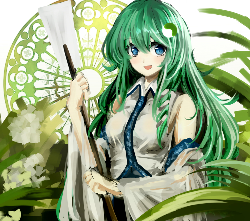 1girl bad_id bad_pixiv_id blue_eyes blue_skirt blush breasts detached_sleeves female_focus frog_hair_ornament gohei green_hair hair_between_eyes hair_ornament highres kochiya_sanae long_hair looking_at_viewer medium_breasts oonusa open_mouth plant see-through_clothes shirt sketch skirt sleeveless sleeveless_shirt smile snake_hair_ornament solo swav tosk_(swav-coco) touhou upper_body very_long_hair white_background white_shirt