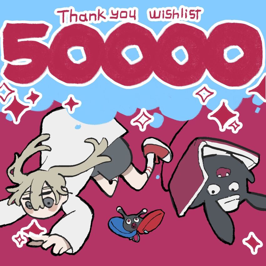 1girl akutagawa_yomuko alien animal_ears aqua_background artist_request baby black_eyes black_tail blonde_hair blush_stickers book castanets commentary commentary_request double-parted_bangs english_text eyes_over_blush falling fangs gogh:_focus_with_your_avatar grey_eyes grey_shorts highres instrument jacket kuroda_42 long_hair long_tail looking_down looking_up mamekuro milestone_celebration no_mouth no_nose official_art open_book open_clothes open_jacket pacifier rabbit_ears red_background red_eyes red_shoes second-party_source shoes shorts simple_background sneakers socks sparkle tail thank_you thick_lineart twintails white_jacket white_sleeves white_socks
