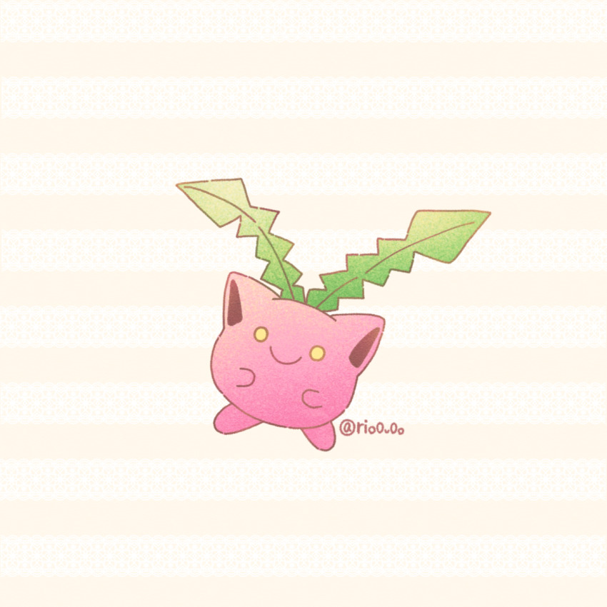 animal_focus closed_mouth commentary_request full_body gen_2_pokemon highres hoppip looking_at_viewer nintendo no_humans pink_background pokemon pokemon_(creature) rio_(rio0v0o) solo twitter_username yellow_eyes