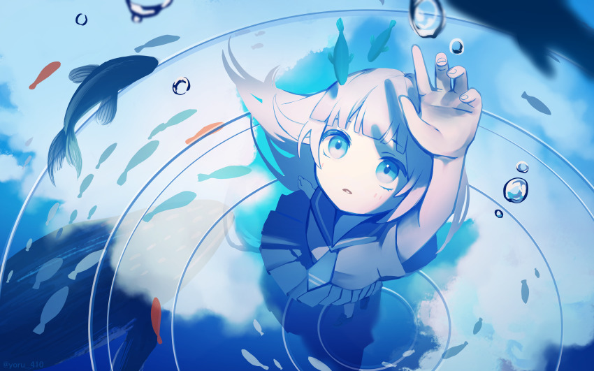 1girl absurdres arm_up blue_eyes blue_theme blunt_bangs blush fish foreshortening from_above highres long_hair looking_up neckerchief original parted_lips pleated_skirt reaching reaching_towards_viewer reflection reflective_water ripples salar_de_uyuni school_uniform serafuku short_sleeves skirt solo twitter_username water water_drop white_hair wind yoru_410