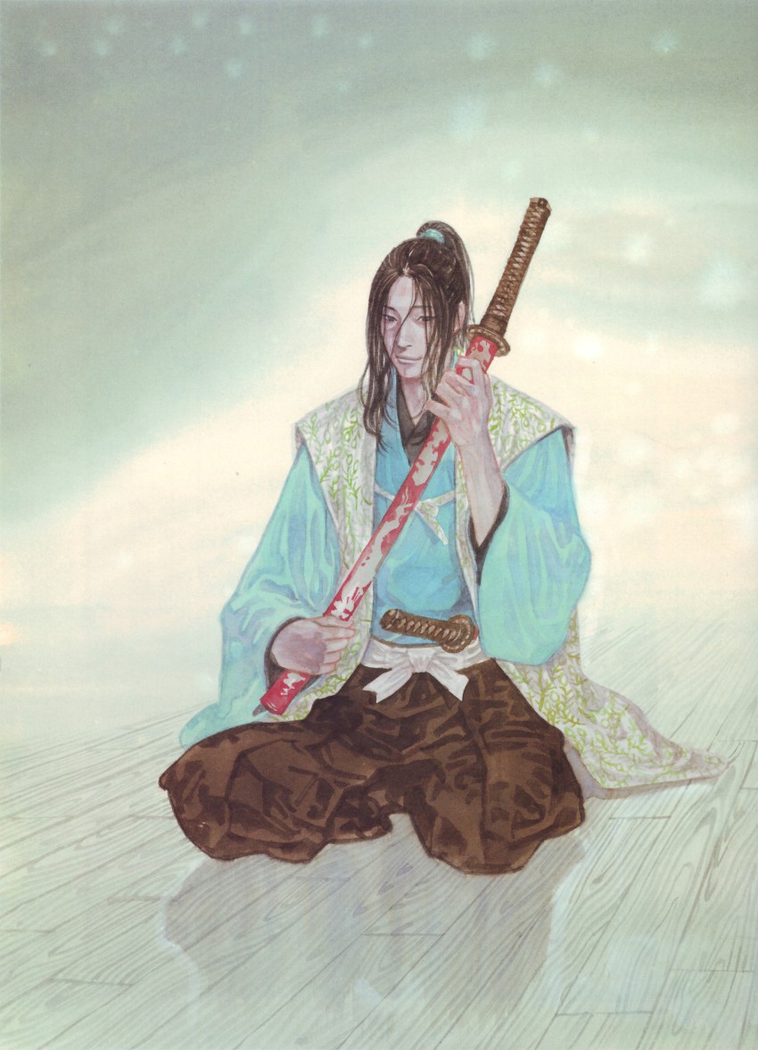 absurdres belt black_eyes brown_hair highres holding inoue_takehiko japanese_clothes katana kimono long_hair looking_at_viewer male_focus ponytail sabre sasaki_kojirou seiza simple_background sitting sword vagabond vest wakizashi weapon wooden_floor
