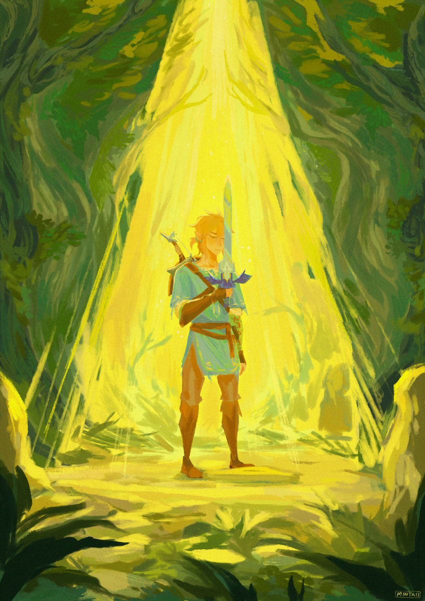 1boy aqua_tunic arm_up belt blonde_hair boots brown_belt brown_boots brown_gloves brown_pants chest_belt closed_eyes closed_mouth commentary elbow_gloves english_commentary forest gloves green_theme highres holding holding_sword holding_weapon light_rays link male_focus master_sword nature nintendo pants pointy_ears ponytail short_ponytail solo spearmintaii standing sunbeam sunlight sword the_legend_of_zelda the_legend_of_zelda:_breath_of_the_wild thigh_boots tunic weapon weapon_on_back