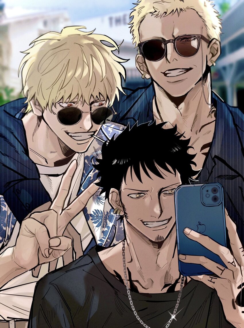 3boys black_hair black_shirt blonde_hair blurry blurry_background brown_eyes cellphone chest_tattoo cigarette donquixote_doflamingo donquixote_rocinante earrings facial_hair goatee grey_shirt hand_on_another&#039;s_shoulder hand_tattoo highres holding holding_phone jewelry male_focus multiple_boys one_piece outdoors patterned_clothing phone shirt short_hair smartphone smile sunglasses taking_picture tattoo trafalgar_law v white_shirt yellow_eyes zkc_fes