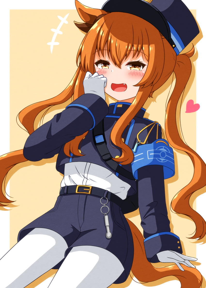 1girl alternate_costume animal_ears armband azuma_satsuki belt blue_archive blush breasts commentary_request cosplay gloves hat heart highres horse_ears horse_girl mayano_top_gun_(umamusume) nozomi_(blue_archive) nozomi_(blue_archive)_(cosplay) open_mouth orange_eyes orange_hair shorts simple_background smug solo textless_version translation_request twintails umamusume voice_actor_connection