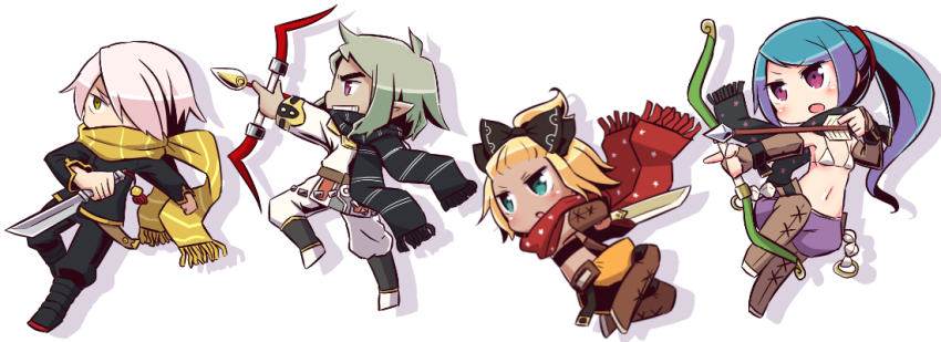 2boys 2girls 7th_dragon 7th_dragon_(series) :o arrow_(projectile) bikini bikini_top_only black_bow black_footwear black_jacket black_pants black_scarf blonde_hair blue_eyes blue_hair blush boots bow bow_(weapon) breasts brown_footwear chibi dagger drop_shadow eustis_(7th_dragon) fringe_trim green_eyes green_hair grin hair_bow hair_over_one_eye hatch_(7th_dragon) head_tilt holding holding_bow_(weapon) holding_dagger holding_knife holding_weapon jacket knee_boots knife long_hair long_sleeves melk_(7th_dragon) multiple_boys multiple_girls naga_u open_mouth orange_shorts pants parted_lips pink_hair pointy_ears ponytail puffy_shorts purple_eyes purple_shorts red_eyes red_scarf rogue_(7th_dragon) scarf short_shorts shorts small_breasts smile swimsuit very_long_hair weapon white_background white_bikini white_jacket white_pants yac_(7th_dragon) yellow_scarf