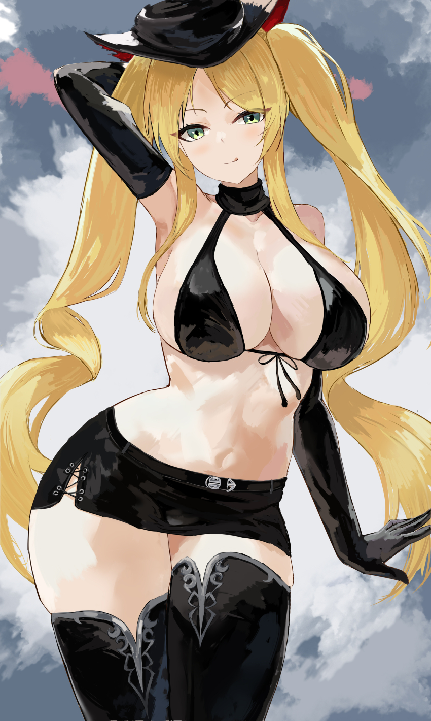 1girl absurdres arm_behind_head arm_up azur_lane bare_shoulders bikini bikini_top_only black_bikini black_boots black_choker black_gloves black_hat black_skirt blonde_hair boots breasts choker cleavage elbow_gloves front-tie_bikini_top front-tie_top gloves green_eyes hat highres hornet_(azur_lane) hornet_(meta)_(azur_lane) large_breasts long_hair looking_at_viewer navel parted_bangs side_slit sideboob skirt smile solo suo_bu_ye_feng swimsuit thigh_boots thighs twintails very_long_hair