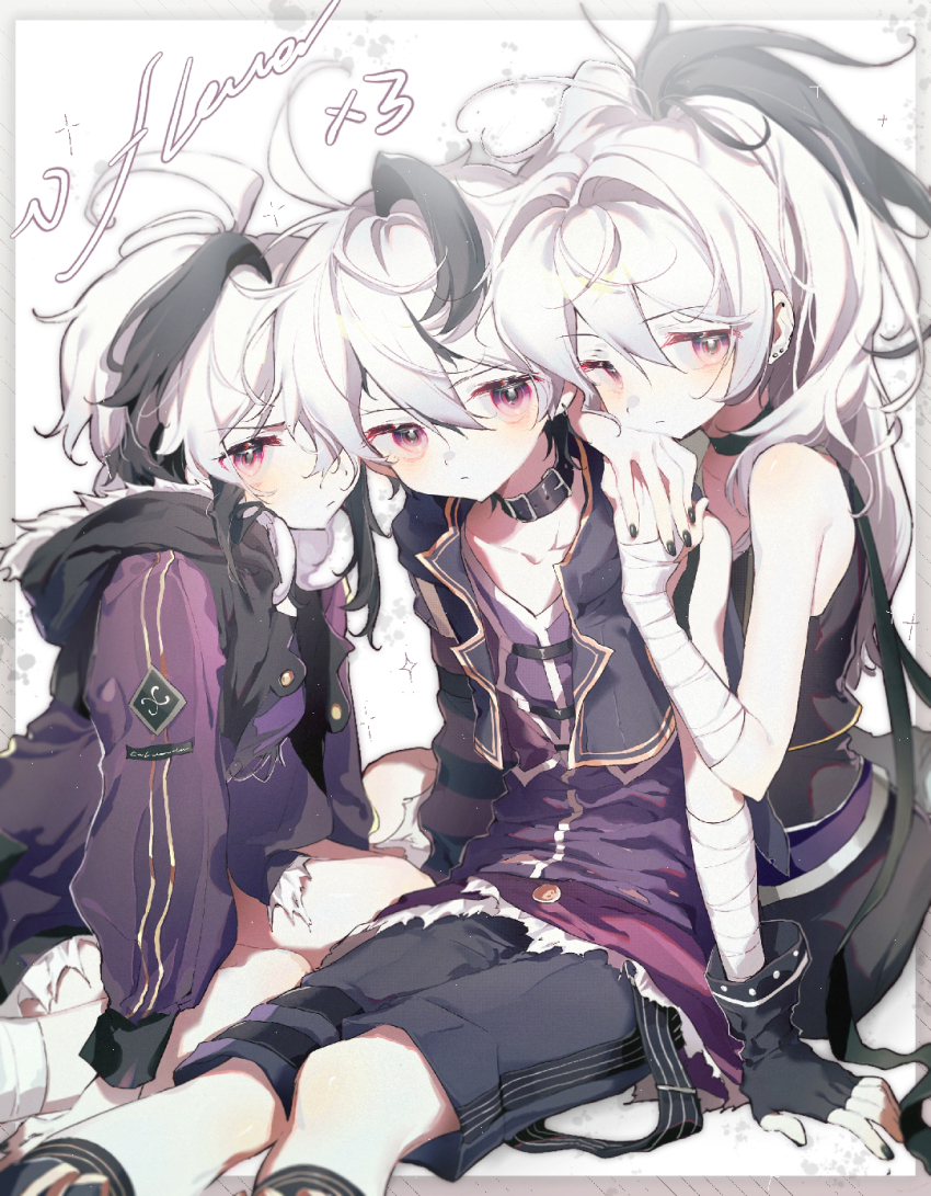 3girls bandaged_arm bandages bare_shoulders belt_collar black_gloves black_hair black_nails border character_name chinese_commentary collar collarbone commentary ear_piercing feet_out_of_frame fengfeng fingerless_gloves flower_(gynoid_talk) flower_(vocaloid) flower_(vocaloid3) flower_(vocaloid4) fur-trimmed_jacket fur_trim gloves grey_border gynoid_talk head_rest highres hood hooded_jacket jacket light_frown long_hair looking_at_viewer multicolored_hair multiple_girls multiple_persona one_eye_covered piercing ponytail purple_eyes purple_jacket purple_shirt purple_shorts shirt short_hair shorts shoulder_rest sidelocks sitting sleeveless sleeveless_jacket streaked_hair v-shaped_eyebrows vocaloid white_background white_hair