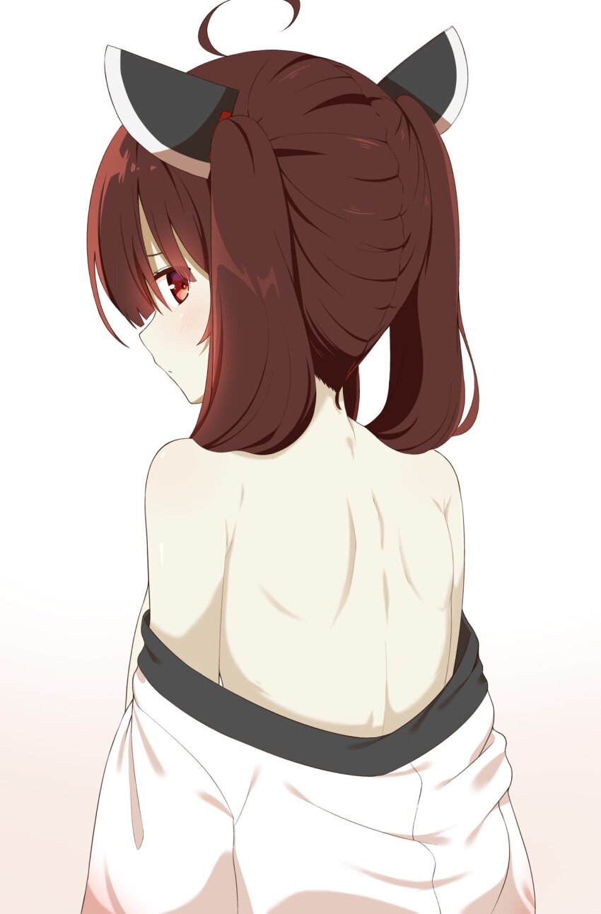 1girl ahoge back back_focus bare_shoulders blunt_bangs blush brown_hair chaakusu closed_mouth commentary from_behind gradient_background hair_between_eyes hair_over_shoulder headgear highres japanese_clothes kimono kimono_pull looking_at_viewer looking_back medium_hair profile red_eyes shoulder_blades simple_background solo touhoku_kiritan twintails upper_body voiceroid white_background