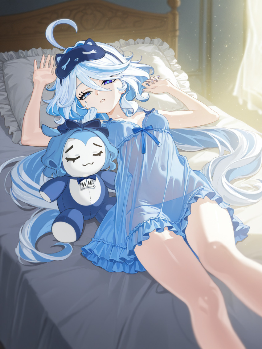ahoge bedroom blue_nightgown breasts comforter floral_dress furina_(genshin_impact) genshin_impact headboard heterochromia highres indoors legs light_particles lingerie long_hair mismatched_pupils multicolored_hair nail_polish navel nightgown on_bed parted_lips pillow ribbon see-through_clothes shiny_skin sleep_mask sleepwear sleepy small_breasts stuffed_animal stuffed_toy two-tone_hair underwear waking_up zeethienix