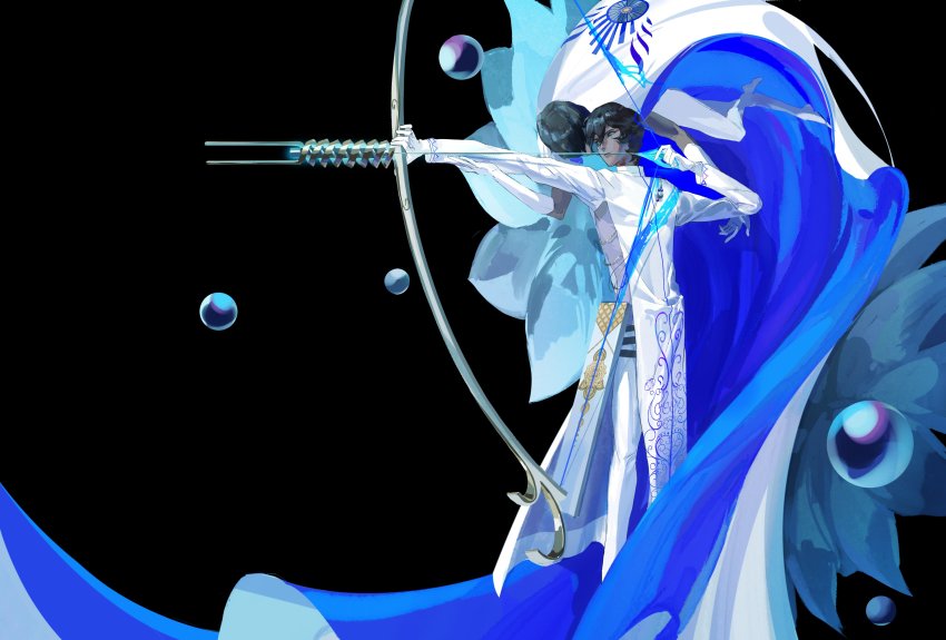 1boy absurdres arjuna_(fate) arjuna_(third_ascension)_(fate) black_hair bow_(weapon) commentary dark-skinned_male dark_skin fate/grand_order fate_(series) gloves hair_between_eyes highres holding holding_weapon long_sleeves male_focus short_hair siyemmm solo weapon white_gloves
