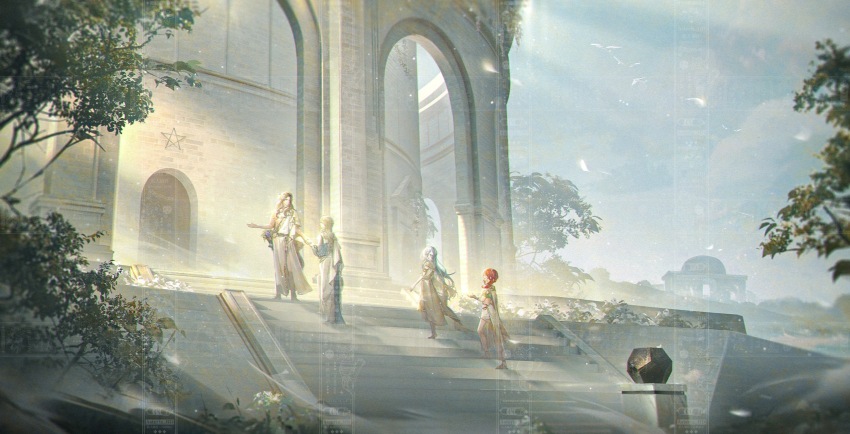 210_(reverse:1999) 2boys 2girls 37_(reverse:1999) 6_(reverse:1999) ancient_greek_clothes arch architecture artist_request blonde_hair blue_hair blue_sky brown_hair commission day dodecahedron greco-roman_architecture greco-roman_clothes highres long_hair multiple_boys multiple_girls outdoors red_hair reverse:1999 second-party_source sky sophia_(reverse:1999) stairs standing sunlight tree watermark wide_shot