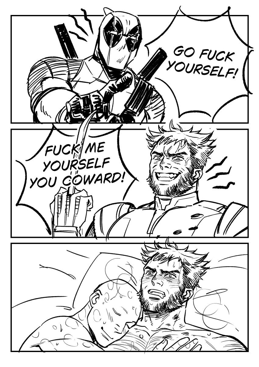 2boys absurdres aftersex anger_vein arm_hair bald beard bed blush bodysuit breath chest_hair claw_(weapon) closed_eyes commentary deadpool deadpool_&amp;_wolverine deadpool_(series) english_commentary english_text facial_hair fangs fuck_me_yourself_you_coward_(meme) full-face_blush gloves highres katana large_pectorals male_focus marvel marvel_cinematic_universe mask mature_male meme monochrome multiple_boys muscular muscular_male nude pectoral_pillow pectorals pillow profanity scar scars_all_over short_hair sleeping sleeping_on_person smile smirk speech_bubble superhero_costume sweat sword sword_on_back t00_far teeth too_many weapon weapon_on_back wolverine_(x-men) x-men yaoi