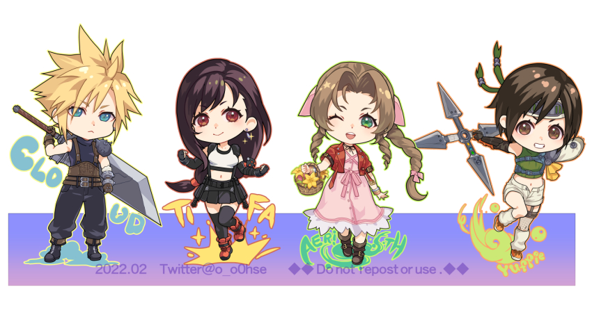 1boy 3girls aerith_gainsborough armor asymmetrical_bangs asymmetrical_legwear beige_shorts belt black_hair blonde_hair blue_eyes blue_pants blue_shirt boots braid breasts brown_eyes brown_hair buster_sword chibi choker cloud_strife cropped_jacket dress earrings final_fantasy final_fantasy_vii final_fantasy_vii_remake fingerless_gloves flower flower_basket gloves green_eyes green_shirt hair_ribbon headband holding holding_weapon jacket jewelry large_breasts leg_warmers lily_(flower) long_dress long_hair low-tied_long_hair midriff multiple_girls navel ohse one_eye_closed open_fly open_mouth pants pink_dress pink_ribbon red_eyes red_jacket ribbon ribbon_choker ringlets shirt shoes short_hair shorts shoulder_armor shuriken sidelocks skirt sleeveless sleeveless_turtleneck smile sneakers spiked_hair square_enix suspender_skirt suspenders teeth thighhighs tifa_lockhart turtleneck upper_teeth_only weapon weapon_on_back wink yellow_flower yuffie_kisaragi