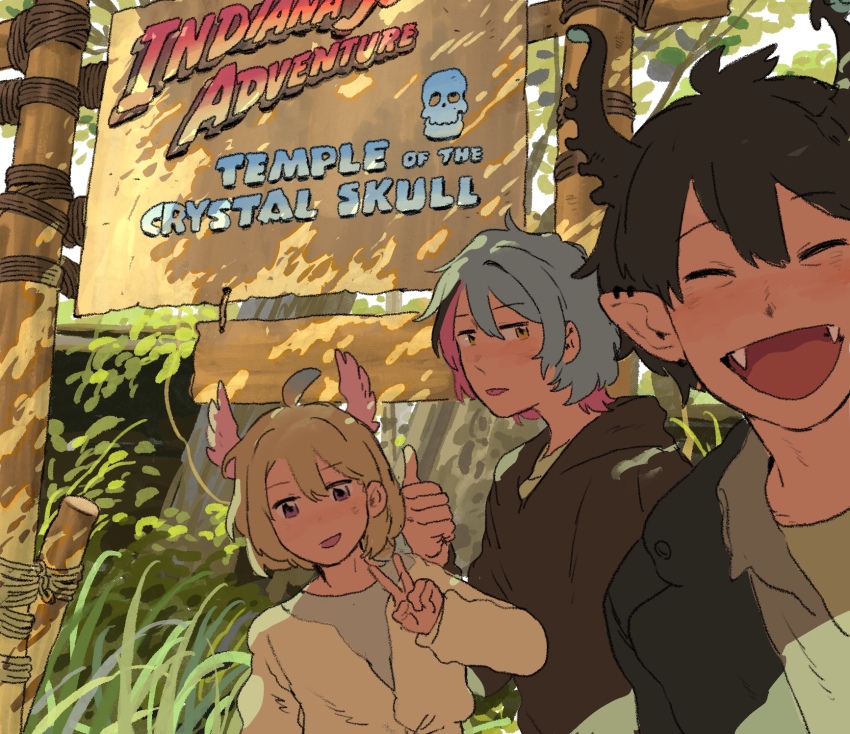 1girl 2boys 86060ghost :d ahoge amusement_park black_hair blonde_hair blue_hair blush casual closed_eyes commentary dappled_sunlight english_commentary enna_alouette fangs hair_between_eyes head_wings highres hood hoodie horns indiana_jones_(series) indiana_jones_and_the_kingdom_of_the_crystal_skull kyo_kaneko looking_at_viewer multicolored_hair multiple_boys nijisanji nijisanji_en open_mouth pink_hair purple_eyes ren_zotto selfie smile sunlight thumbs_up v virtual_youtuber wings yellow_eyes