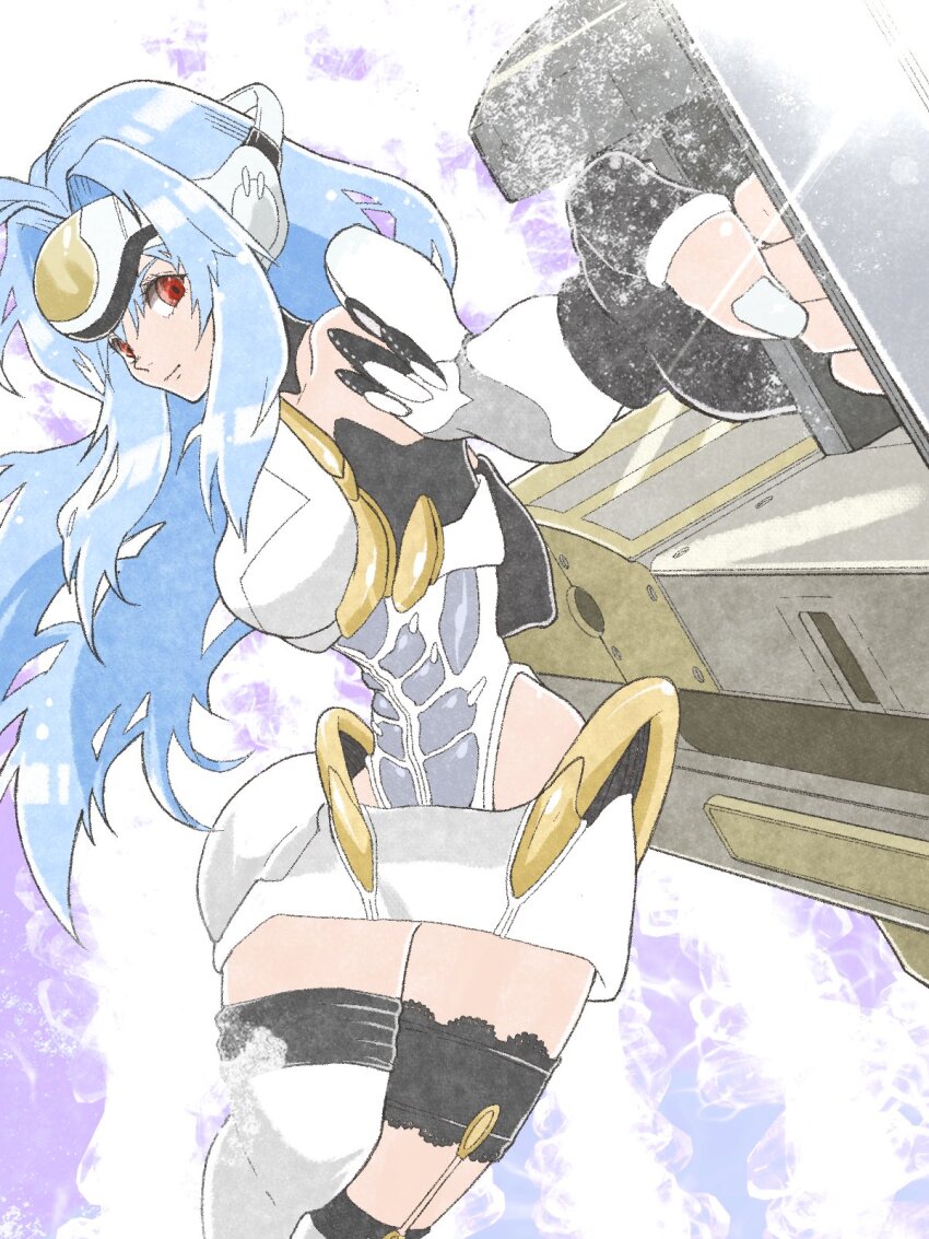 1girl android blue_hair breasts closed_mouth commentary english_commentary forehead_protector gatling_gun gun highres holding holding_gun holding_weapon kos-mos large_breasts long_hair miniskirt red_eyes riicoshibuya skirt solo weapon white_skirt xenosaga xenosaga_episode_i