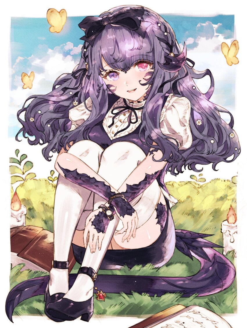 1girl :d ankle_belt au_ra black_bow black_ribbon black_skirt book border bow bug butterfly candle final_fantasy final_fantasy_xiv glowing_butterfly grass hair_bow head_tilt heterochromia highres horns hugging_own_legs insect legs_together long_hair looking_at_viewer mary_janes miniskirt monster_girl neck_ribbon open_mouth outside_border pink_eyes purple_eyes purple_hair ribbon scales shirt shoes sitting skirt smile solo tamagodyooo thighhighs tiles warrior_of_light_(ff14) watch white_border white_shirt white_thighhighs wristband wristwatch yellow_butterfly