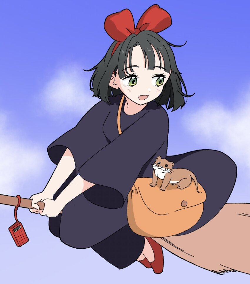 1girl :d bag black_dress black_hair blue_sky blunt_bangs blunt_ends blush bow bow_hairband broom broom_riding commentary_request cosplay dress full_body green_eyes hairband highres kiki_(majo_no_takkyuubin) kiki_(majo_no_takkyuubin)_(cosplay) link!_like!_love_live! llkapital long_dress love_live! majo_no_takkyuubin momose_ginko open_mouth otter red_bow red_hairband red_shoes shoes short_hair shoulder_bag sky smile solo split_mouth three-quarter_sleeves virtual_youtuber