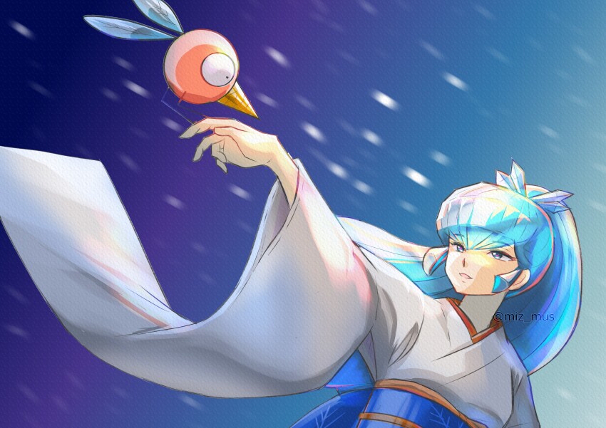 1girl absurdres animal animal_on_hand artist_name black_eyes blue_eyes blue_hair blue_sash commentary creature creature_on_hand highres ice_cream_cone insect_wings japanese_clothes kimono miz_mus obi oyuki_(urusei_yatsura) parted_lips ponytail sash sherbert_(urusei_yatsura) smile snowing twitter_username urusei_yatsura white_kimono wide_sleeves wings