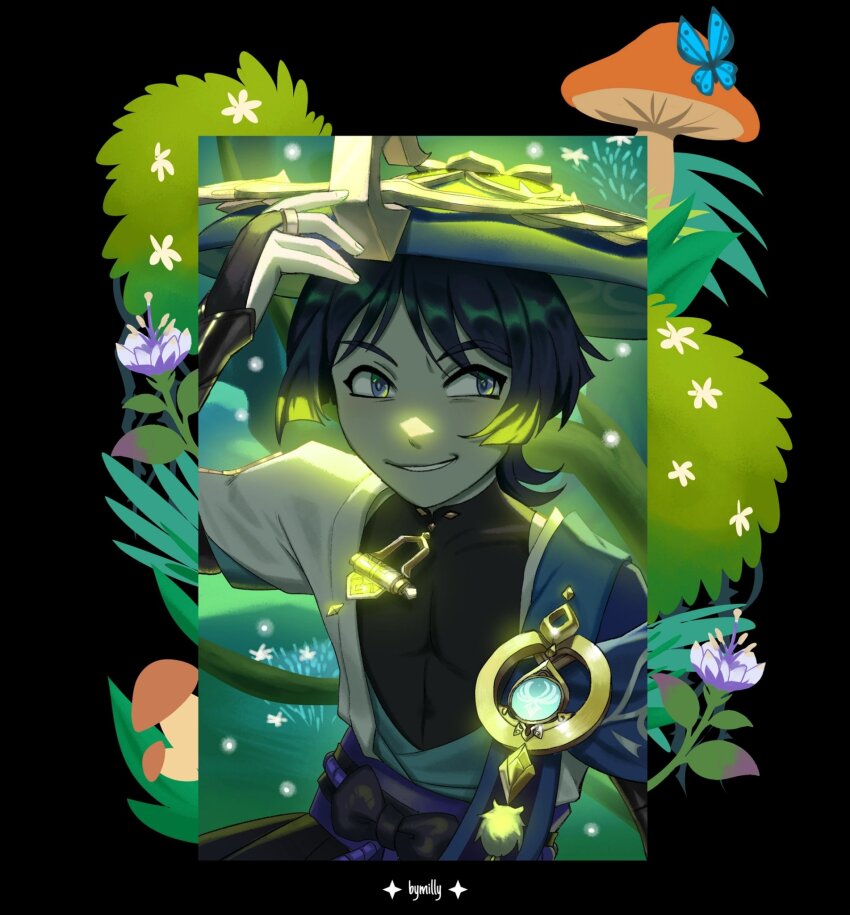 1boy anemo_symbol_(genshin_impact) armor artist_name belt black_belt black_bodysuit black_border black_bow black_bridal_gauntlets black_hair blue_butterfly blue_cape blue_gemstone blue_hat blue_kimono blue_sleeves blunt_ends bodysuit border bow bridal_gauntlets bright_pupils bug bush butterfly bymilly cape covered_pectorals flower forced_smile gem genshin_impact gold grey_eyes han&#039;eri hand_up hat highres insect japanese_armor japanese_clothes jingasa kimono kote kurokote layered_kimono layered_sleeves looking_to_the_side male_focus mandarin_collar mushroom open_clothes open_kimono padisarah_flower pectorals pom_pom_(clothes) purple_flower purple_sash sash scaramouche_(genshin_impact) short_sleeves solo toned toned_male upper_body vision_(genshin_impact) wanderer_(genshin_impact) white_flower white_kimono white_mouth white_pupils white_sleeves