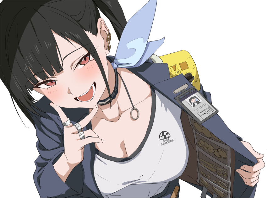 1girl black_choker black_hair blue_jacket blush breasts choker commentary_request from_above goddess_of_victory:_nikke hatenoga id_card jacket jewelry large_breasts long_hair looking_at_viewer multiple_rings open_clothes open_jacket open_mouth red_eyes ring shirt simple_background solo sora_(nikke) twintails upper_body white_background white_shirt