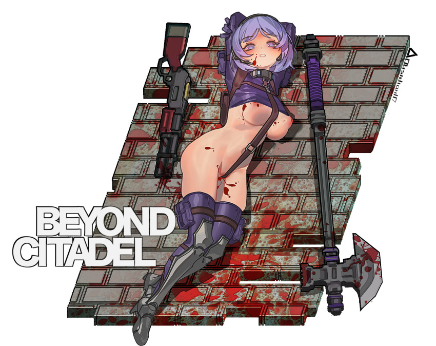 1girl arms_up axe beyond_citadel blood breasts cross_swimsuit crotch_strap gloves gun highres holster long_sleeves looking_at_viewer lying martyr_(the_citadel) medium_breasts nipple_slip nipples obsidian117 on_side purple_eyes purple_gloves purple_hair purple_thighhighs revealing_clothes rifle short_hair shoulder_holster solo swimsuit the_citadel thighhighs underboob weapon