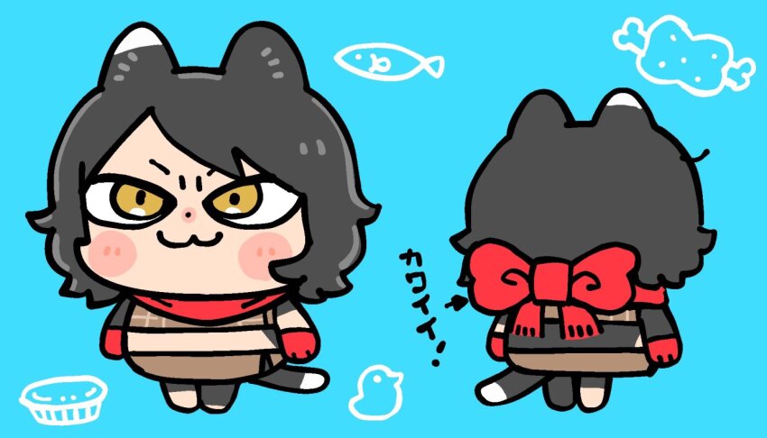 1girl :3 animal_ears armor arrow_(symbol) back bird bkub black_hair black_tail blue_background blush blush_stickers body_fur boned_meat brown_skirt cat_ears cat_girl cat_tail chibi chibi_only closed_mouth crop_top dungeon_meshi fish food full_body izutsumi leather_armor blue_background looking_at_viewer meat midriff mismatched_animal_ear_colors red_scarf scarf short_hair simple_background skirt sleeveless tail translation_request yellow_eyes