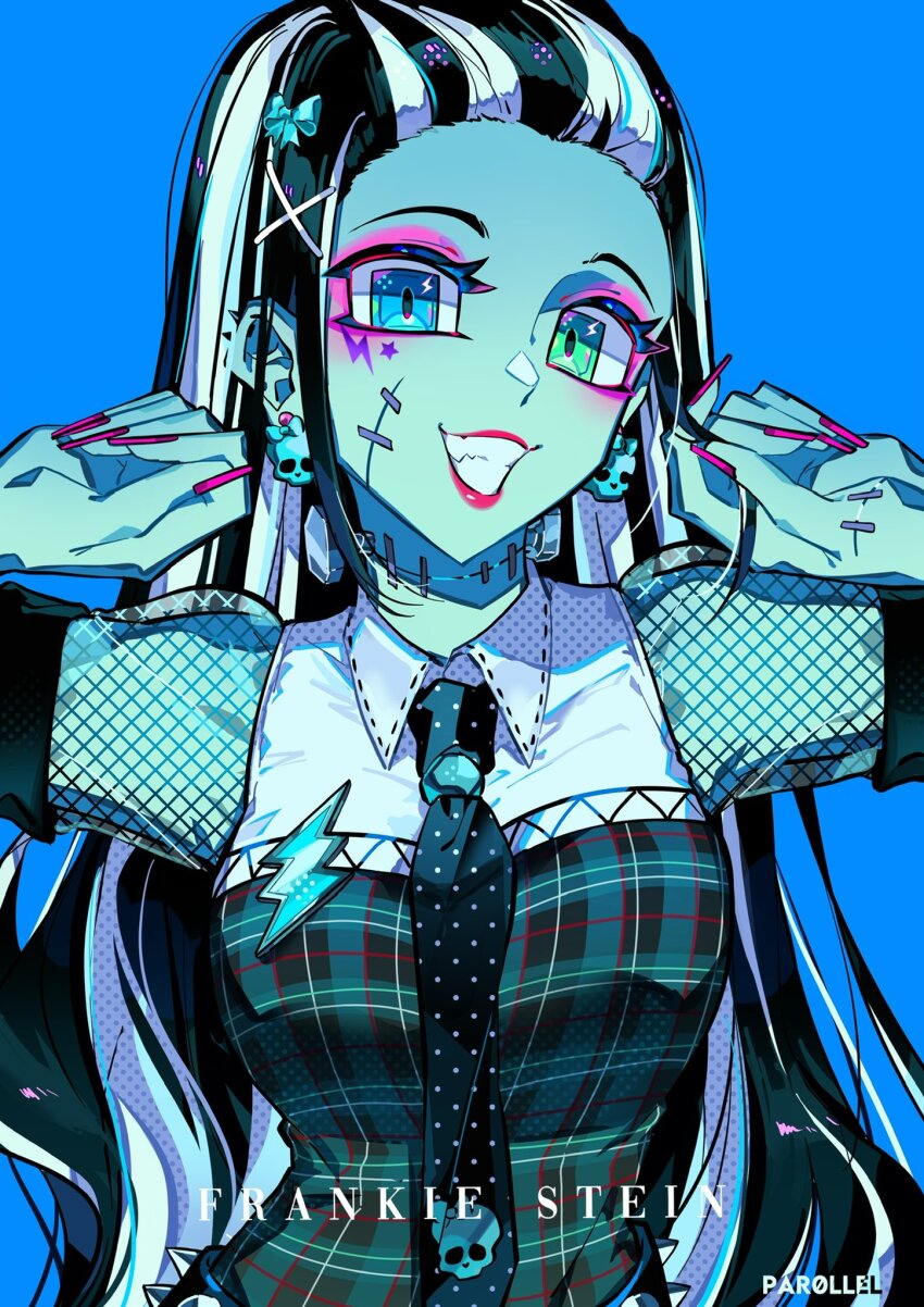 1girl aqua_bow artist_name black_hair black_necktie blue_background blue_eyes bow breasts character_name collared_shirt colored_skin commentary ear_piercing earrings english_commentary english_text eyeshadow facial_mark fishnets frankie_stein green_eyes green_skin grin hair_bow hair_ornament hands_up heterochromia highres jewelry lightning_bolt_facial_mark long_hair looking_at_viewer makeup monster_high multicolored_hair nail_polish necktie par0llel piercing pink_eyeshadow pink_nails plaid_clothes polka_dot_necktie red_lips shirt simple_background skull_earrings smile solo spiked_ear_piercing square_eyes star_(symbol) star_facial_mark stitches streaked_hair symbol_in_eye two-tone_hair upper_body white_hair x_hair_ornament