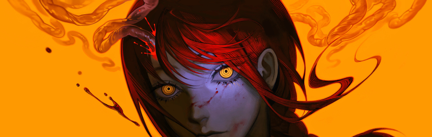 1girl absurdres blood blood_on_face blood_spray braid braided_ponytail brain chainsaw_man commentary_request exposed_brain highres huli_xiaobai looking_at_viewer makima_(chainsaw_man) medium_hair orange_theme red_hair ringed_eyes simple_background solo user_zenn5372 yellow_background yellow_eyes