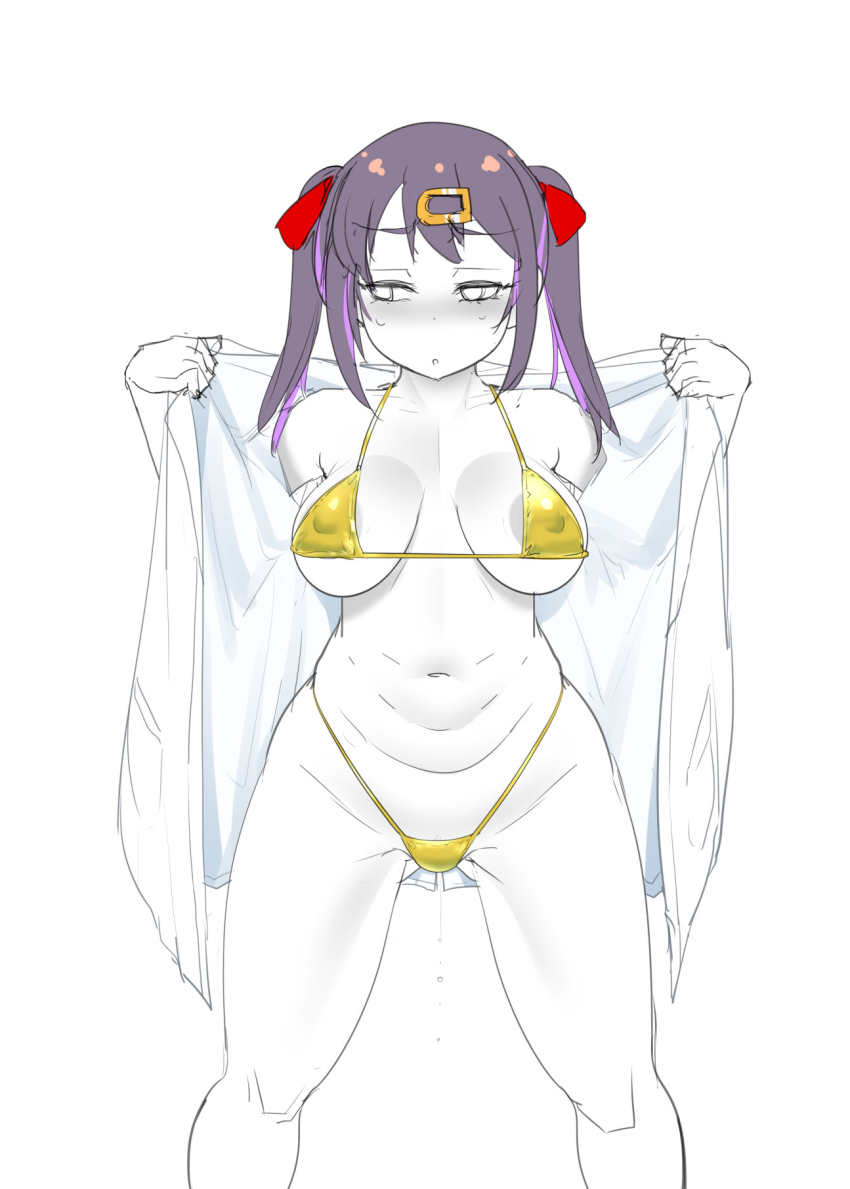 1girl averting_eyes bikini blush breasts covered_erect_nipples dark_areolae dripping embarrassed full-face_blush gold_bikini hair_ornament hair_ribbon hairclip highres holding holding_shirt holding_unworn_clothes konmori_(kinbou_sokai) large_areolae large_breasts medium_hair navel onii-chan_wa_oshimai! open_mouth oyama_mihari purple_hair red_ribbon ribbon shirt short_twintails simple_background sketch solo stomach swimsuit twintails undressing unfinished unworn_shirt wet white_background