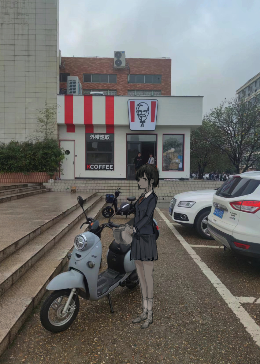16bsketch9 1girl 6+boys absurdres ankle_socks audi black_hair blazer car china dark-skinned_female dark_skin highres jacket kfc looking_at_viewer moped motor_vehicle multiple_boys necktie outdoors photo_background pleated_skirt real_world_location restaurant school_uniform skirt socks stairs