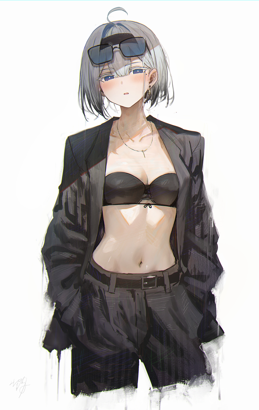 1girl absurdres ahoge black_bra black_jacket black_pants blue_eyes blush bra eyewear_on_head hidulume highres jacket jewelry long_hair looking_at_viewer medium_hair navel necklace no_shirt open_mouth original pants sidelocks solo striped_clothes striped_jacket striped_pants sunglasses underwear vertical-striped_clothes vertical-striped_jacket vertical-striped_pants very_long_hair white_hair