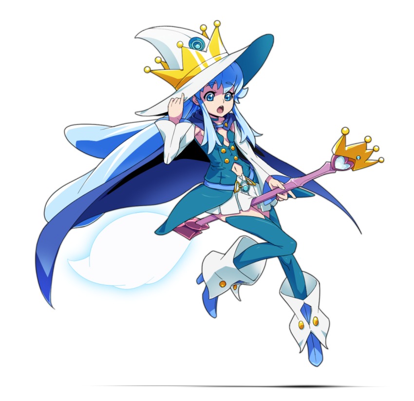 1girl armpits bare_shoulders blue_thighhighs broom broom_riding crown cure_princess detached_sleeves female_focus gold_crown han_megumi happinesscharge_precure! hat holding holding_unworn_clothes holding_unworn_hat large_hat miniskirt navel open_mouth pinky_out pleated_skirt precure shirayuki_hime simple_background skirt solo staff thighhighs uganda_(ugandam_00) unworn_hat unworn_headwear white_background white_hat witch_hat zettai_ryouiki