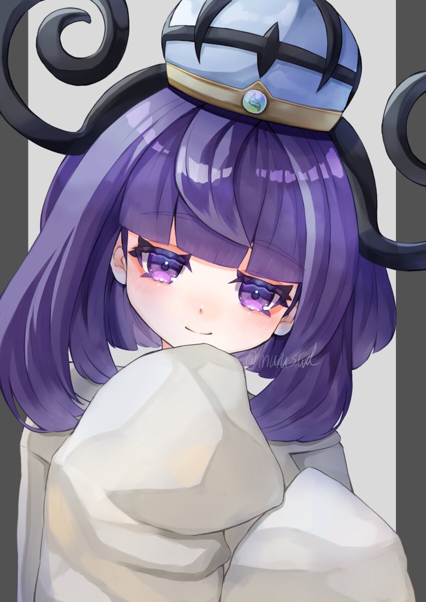 1girl blunt_bangs blush bob_cut closed_mouth coat gwynn_(pokemon) hat highres long_sleeves looking_at_viewer marushi_(marusiiiil) mega_stone nintendo pokemon pokemon_legends:_z-a purple_eyes purple_hair short_hair sleeves_past_fingers sleeves_past_wrists smile solo twitter_username upper_body white_coat
