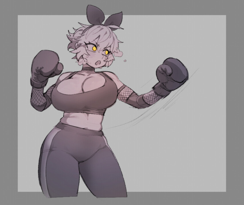 1girl bare_shoulders black_pants bow boxing_gloves breasts breath choker cleavage dif_(difman) difman hair_between_eyes hair_bow huge_breasts monochrome motion_lines navel_peek open_mouth original pants punching short_hair simple_background solo sports_bra spot_color sweat yellow_eyes