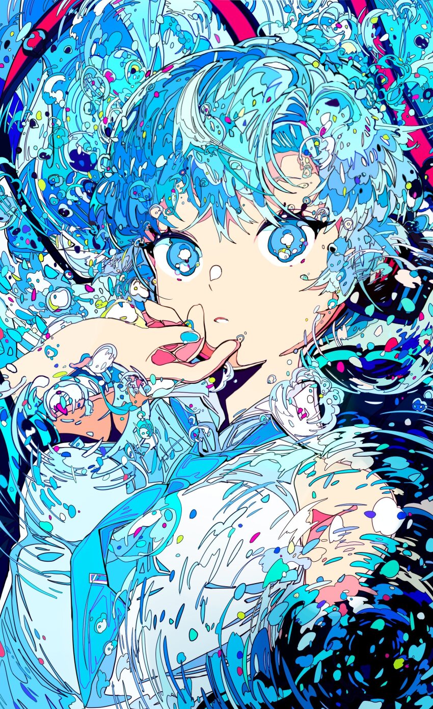 1girl absurdly_detailed_composition absurdres aqua_hair black_sleeves blue_eyes blue_necktie breasts closed_mouth collared_shirt commentary detached_sleeves dot_nose hair_ornament hatsune_miku headphones highres long_hair looking_at_viewer medium_breasts miku_day n79oqc3yja6jlof necktie paint_splatter shirt sleeveless sleeveless_shirt solo twintails very_long_hair very_long_sleeves vocaloid white_shirt