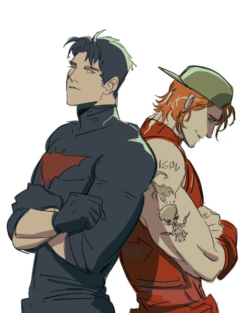 arsenal_(dc) bat_signal batman_(series) batman_symbol bewarebbpower black_bodysuit black_gloves black_hair blue_eyes bodysuit dc_comics gloves grey_bodysuit highres jason_todd multicolored_hair multiple_boys muscular muscular_male pants red_hood_(dc) red_hood_and_the_outlaws roy_harper superhero_costume taut_bodysuit two-tone_bodysuit two-tone_hair white_hair