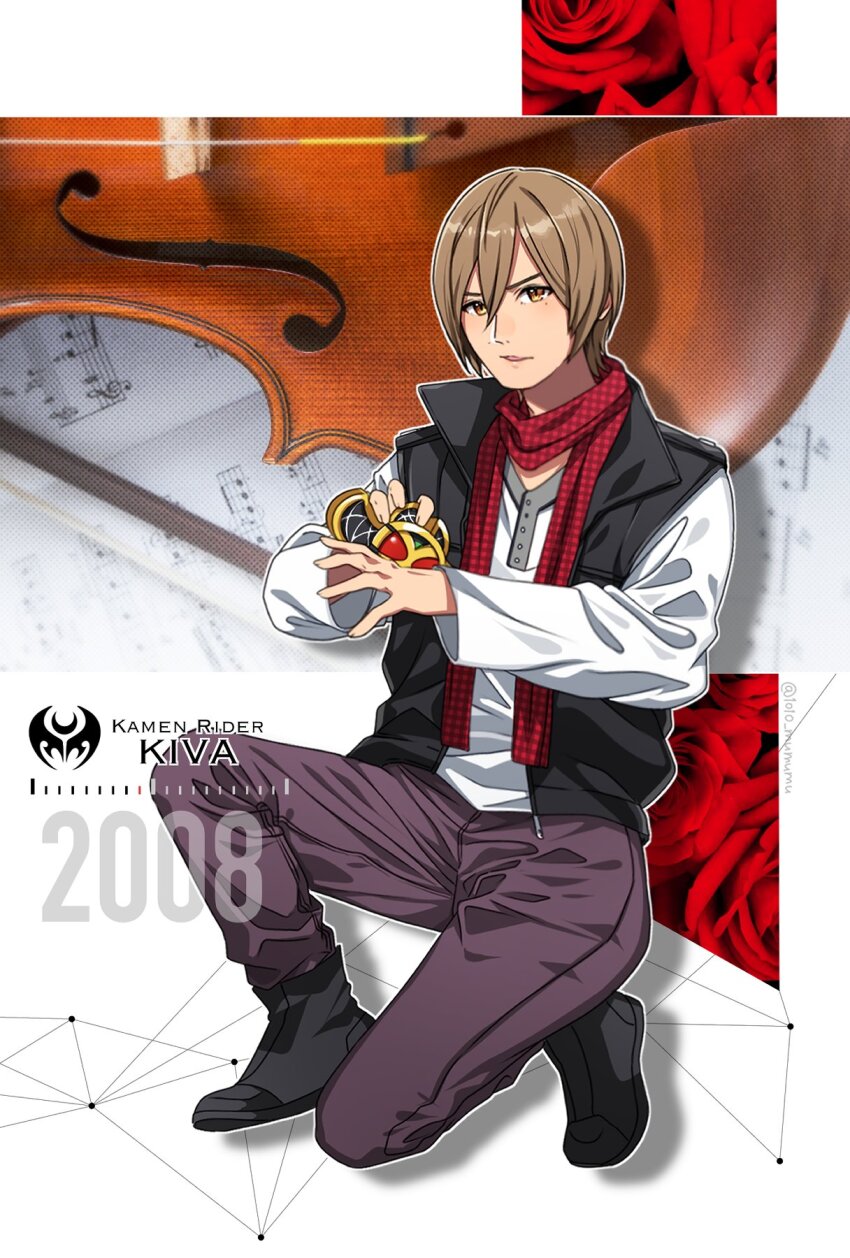 1010_mumumu 1boy 2008 animification bat_(animal) black_footwear boots bow_(music) brown_eyes brown_hair copyright_name flower henshin highres instrument kamen_rider kamen_rider_kiva_(series) kivat-bat_iii kurenai_wataru pants photo_background red_flower red_rose rose squatting violin