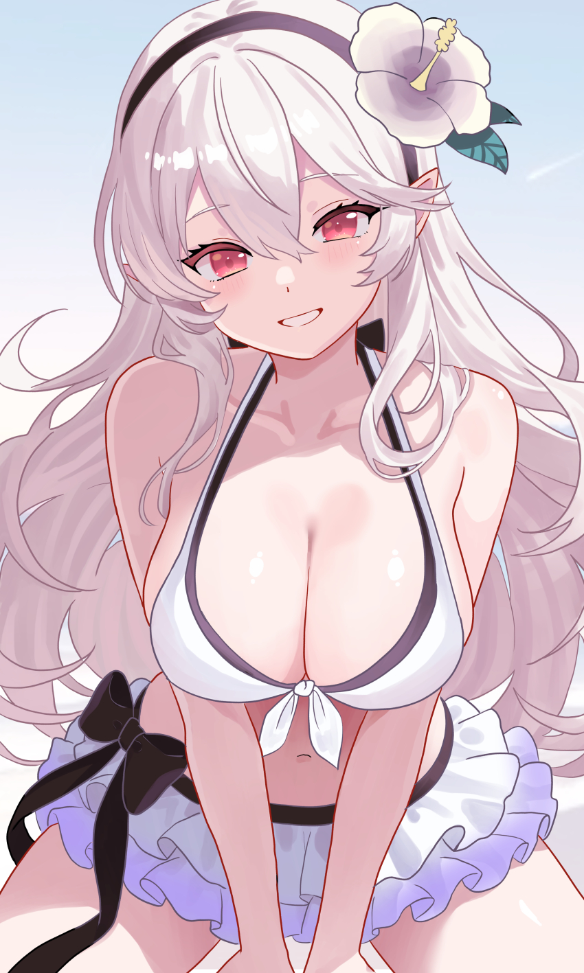 1girl absurdres bare_arms bare_shoulders between_legs bikini bikini_skirt black_bow black_hairband bow breasts cleavage collarbone commentary cowboy_shot female_corrin_(fire_emblem) female_corrin_(novice_vacationer)_(fire_emblem) fire_emblem fire_emblem_fates fire_emblem_heroes flower front-tie_bikini_top front-tie_top grin hair_between_eyes hair_flower hair_ornament hairband halterneck hand_between_legs hibiscus highres large_breasts long_hair looking_at_viewer n_54 navel nintendo official_alternate_costume pointy_ears red_eyes smile solo swimsuit v_arms very_long_hair white_bikini white_hair