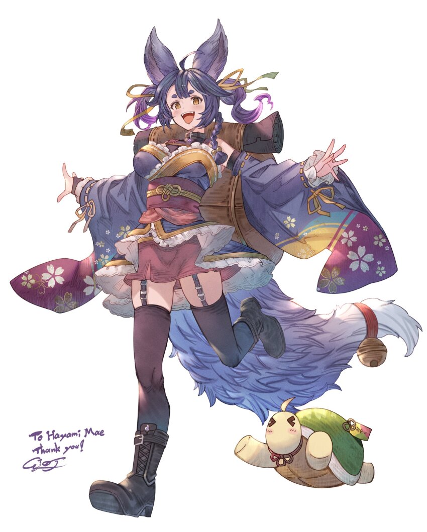 1girl absurdres ahoge animal_ears ayacho bell black_boots black_thighhighs blue_hair blush boots braid commentary commission fox_ears fox_girl fox_tail full_body garter_straps highres indie_virtual_youtuber japanese_clothes jingle_bell looking_at_viewer mae_hayami obi obijime open_mouth sash short_eyebrows single_braid skeb_commission solo tail tail_bell tail_ornament teeth thank_you thighhighs turtle upper_teeth_only virtual_youtuber wide_sleeves yellow_eyes