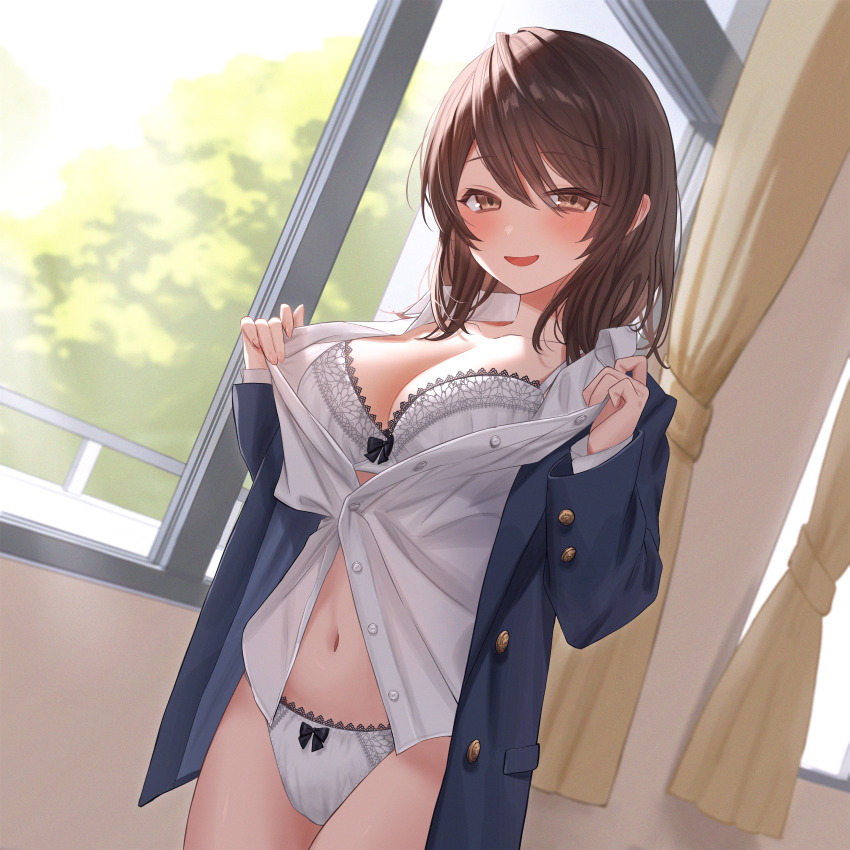 1girl :d absurdres black_jacket blush bra breasts brown_eyes brown_hair cleavage collarbone curtains day highres jacket jfjf large_breasts long_hair long_sleeves looking_at_viewer navel non-web_source open_clothes open_mouth open_shirt original panties school_uniform shirt smile solo standing underwear undressing white_bra white_panties white_shirt window