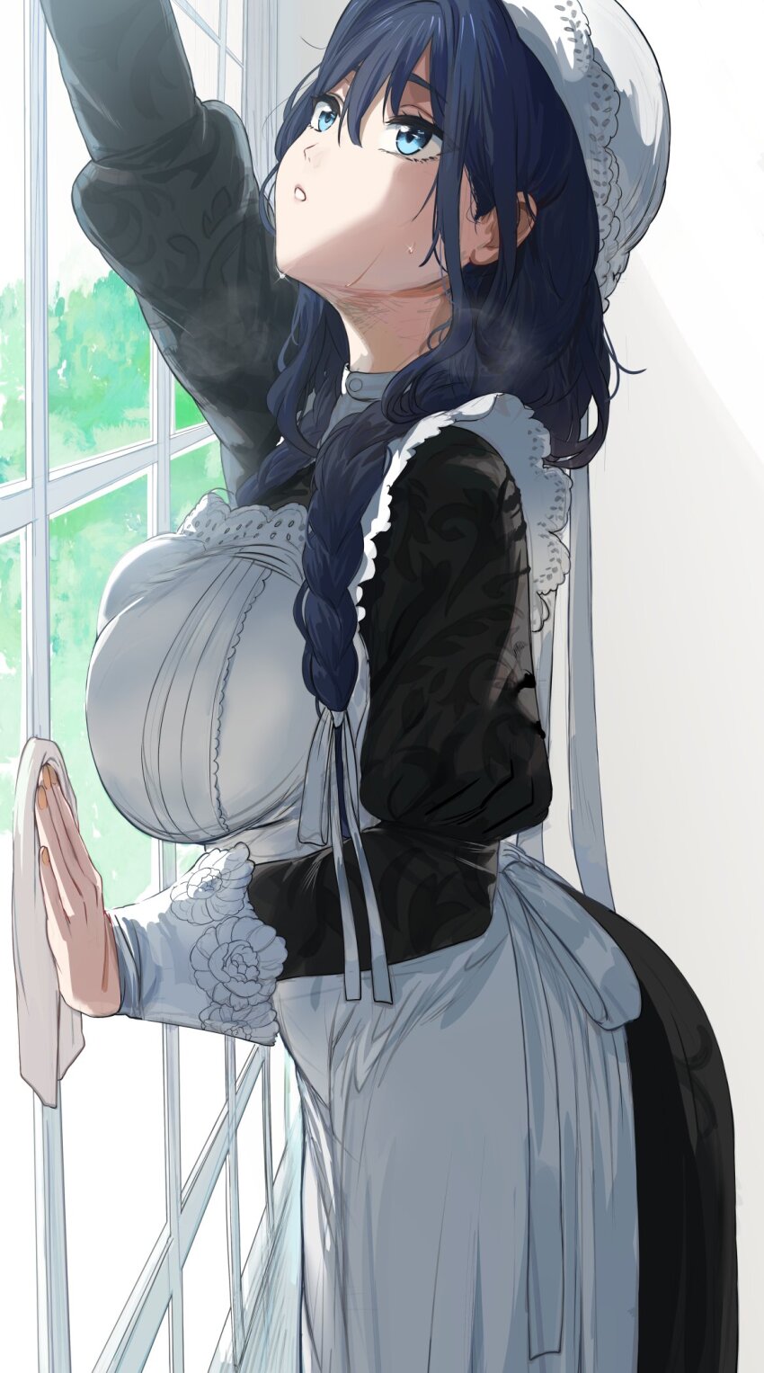 1girl apron arm_up black_dress blue_eyes blue_hair braid breast_press breasts cleaning commentary dress eyelashes hashtag-only_commentary hat hews highres hololive hololive_english indoors large_breasts long_hair looking_up low_twin_braids maid maid_apron mob_cap muntins official_alternate_costume official_alternate_hairstyle ouro_kronii ouro_kronii_(maid) parted_lips sidelighting solo twin_braids virtual_youtuber window