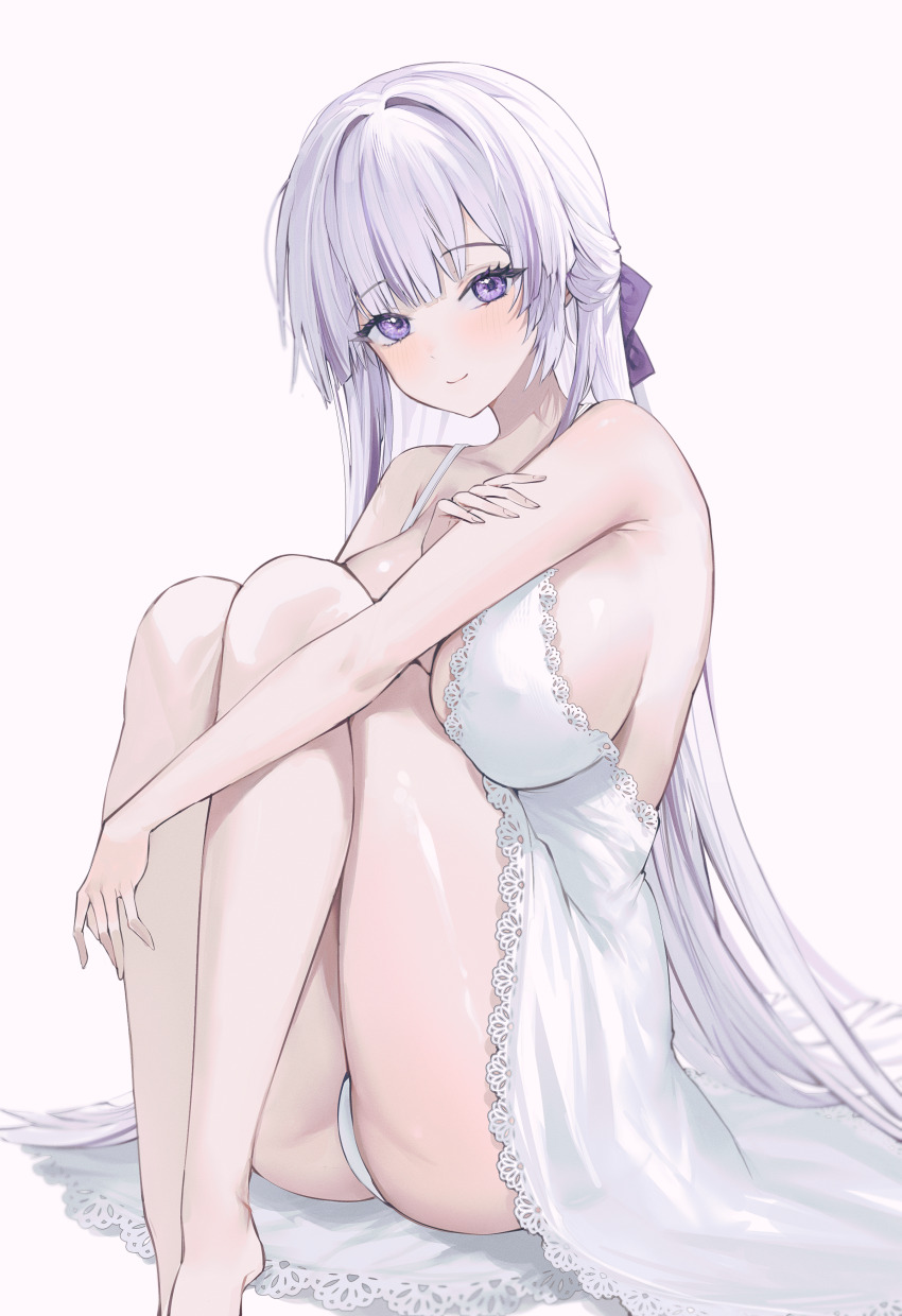 1girl absurdres ass bare_legs barefoot blush breasts covered_erect_nipples dress grey_hair gurami_(zangizarang) half_updo highres knees_up lace lace-trimmed_dress lace_trim large_breasts legs_together light_smile long_hair looking_at_viewer original panties pantyshot purple_eyes sitting sleeveless sleeveless_dress smile solo underwear very_long_hair white_dress white_panties