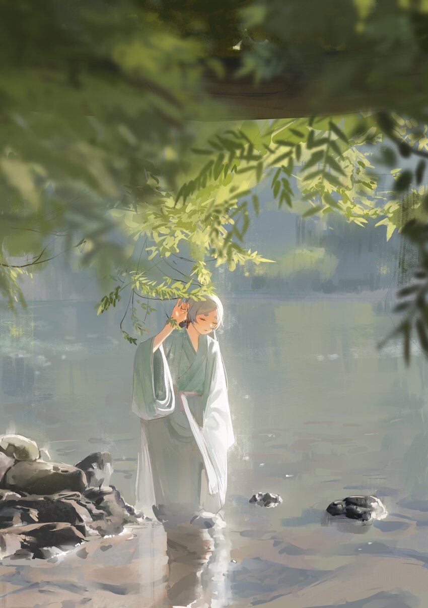 1girl absurdres blurry blurry_foreground branch chinese_clothes closed_eyes closed_mouth commentary day earrings frieren grey_hair hand_up hanfu highres jewelry long_sleeves outdoors parted_bangs river rock short_eyebrows solo sousou_no_frieren standing takoyoomi thick_eyebrows wading water white_hanfu wide_sleeves