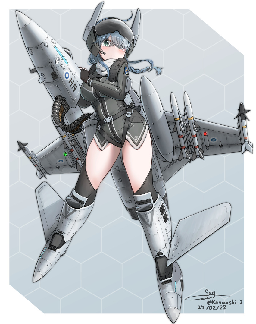 1girl absurdres ahoge aircraft airplane belt black_thighhighs blue_hair bodysuit braid breasts eyes_visible_through_hair fighter_jet fingerless_gloves gloves green_eyes helmet highres long_hair mecha_musume medium_breasts microphone military military_vehicle original pilot_helmet rocket scarf skin_tight teisei_misagi thighhighs thighs