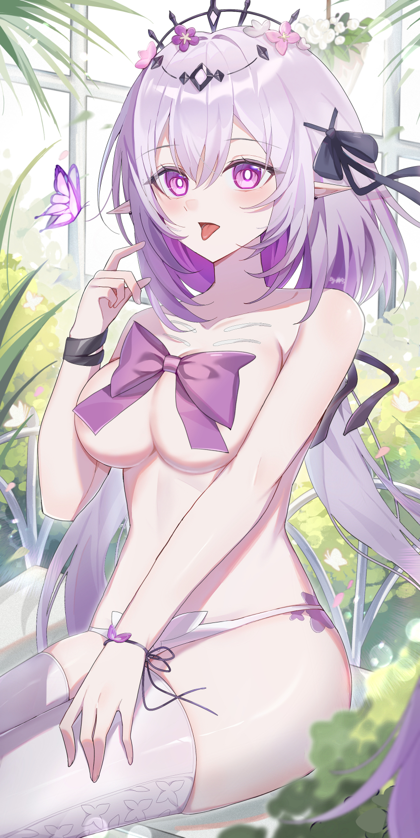 1girl absurdres bikini bikini_bottom_only black_tiara blush bow breasts bug butterfly castorice_(honkai:_star_rail) commentary hair_bow hand_up highres honkai:_star_rail honkai_(series) indoors insect large_breasts long_hair looking_at_viewer open_mouth pointy_ears purple_bow purple_butterfly purple_eyes purple_hair sidelocks sitting solo swimsuit thighhighs thighs tiara tongue tongue_out variant_set very_long_hair white_bikini white_thighhighs zixi