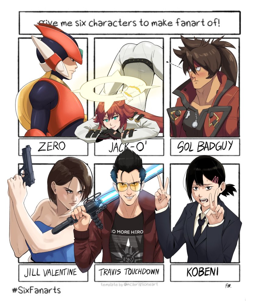 beam_katana black_eyes black_gloves black_hair black_necktie blonde_hair blood breasts brown_hair chainsaw_man cleavage double_v energy_sword english_text formal_clothes francisco_mon frown gloves green_eyes grin guilty_gear guilty_gear_strive gun hair_ornament hairclip halo handgun headband higashiyama_kobeni highres jack-o&#039;_challenge jack-o&#039;_valentine jacket jill_valentine long_hair medium_breasts mega_man_(series) mega_man_x_(series) mega_man_zero_(series) multiple_drawing_challenge necktie no_more_heroes nosebleed ponytail profile red_jacket resident_evil resident_evil_3:_nemesis scar scar_across_eye scar_on_face serious signature six_fanarts_challenge smile sol_badguy spiked_halo strapless suit sweat sword travis_touchdown trigger_discipline tube_top v weapon zero(z)_(mega_man) zero_(mega_man)