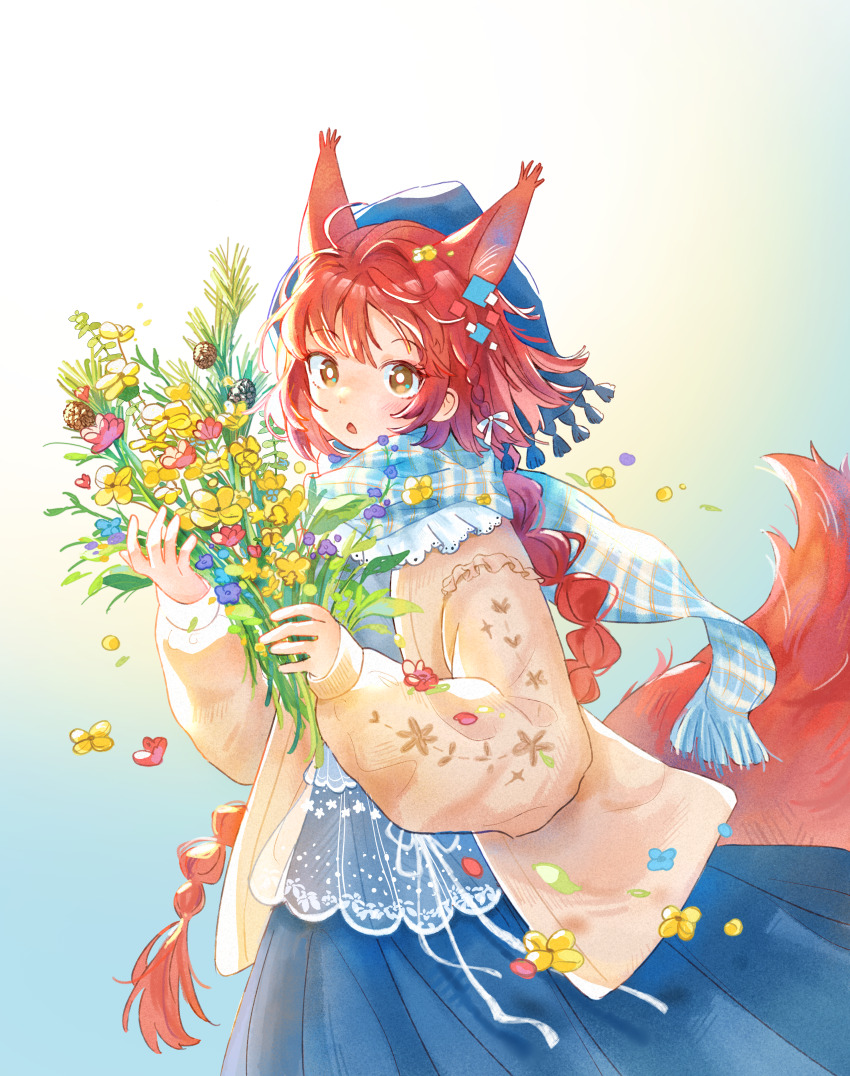 1girl :o absurdres alternate_costume alternate_hairstyle animal_ears arknights blue_background blue_flower blue_hat blue_scarf blue_shirt blue_skirt bouquet braid bright_pupils brown_cardigan brown_eyes cardigan chinese_commentary commentary_request flametail_(arknights) flower gradient_background hat highres holding holding_bouquet long_hair looking_at_viewer pink_flower plaid_clothes plaid_scarf purple_flower red_flower red_hair scarf sdrzkaige shirt simple_background skirt squirrel_ears squirrel_girl squirrel_tail tail white_background white_pupils yellow_flower